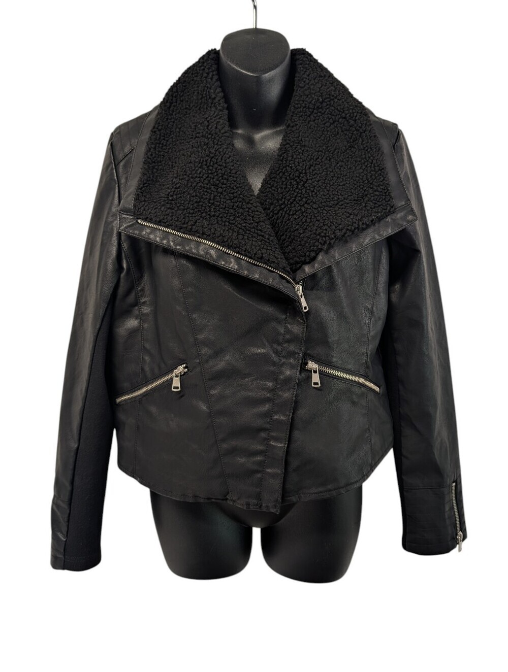 Baccini Black Faux Leather Sherpa Collar Moto Jacket Asymmetrical Zip Size M